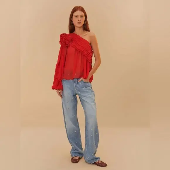 Farm Rio Red Rose Puff Sleeve One-Shoulder Blouse XL - Picture 10 of 10